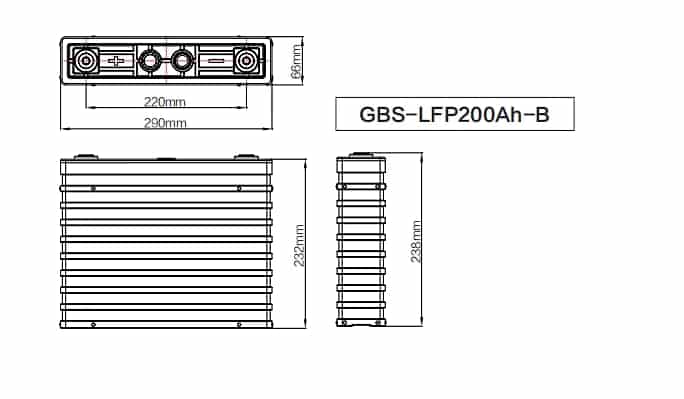 Dimensions of GBS 200Ah LiFePO4 Battery