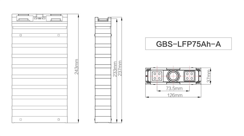 Dimensions of GBS 75Ah LiFePO4 Battery