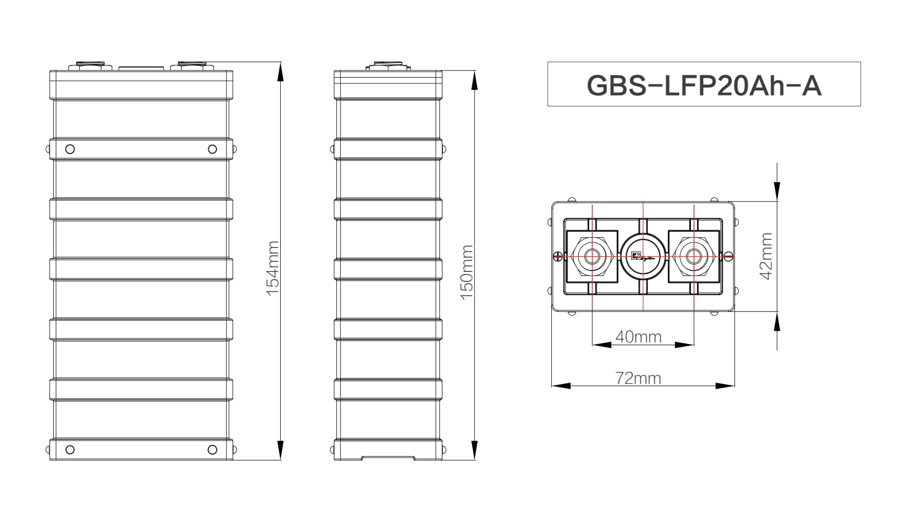 Dimensions of GBS 20Ah LiFePO4 Battery