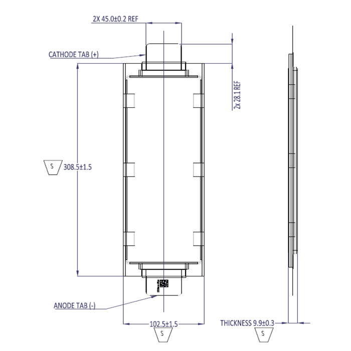 dimension of A123 3.2V 31Ah LiFePO4 Pouch Cells