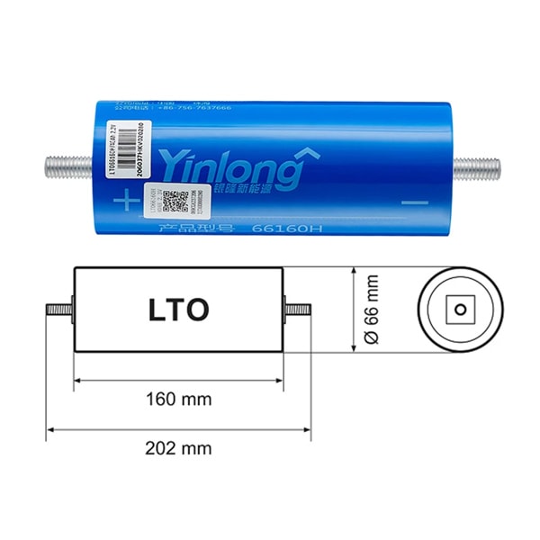Dimensions of YinLong 66160H LTO 40Ah 2.3V Battery