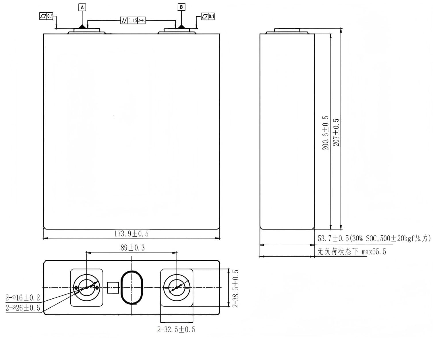 dimension of CALB LiFePO4 3.2V 176Ah Cell