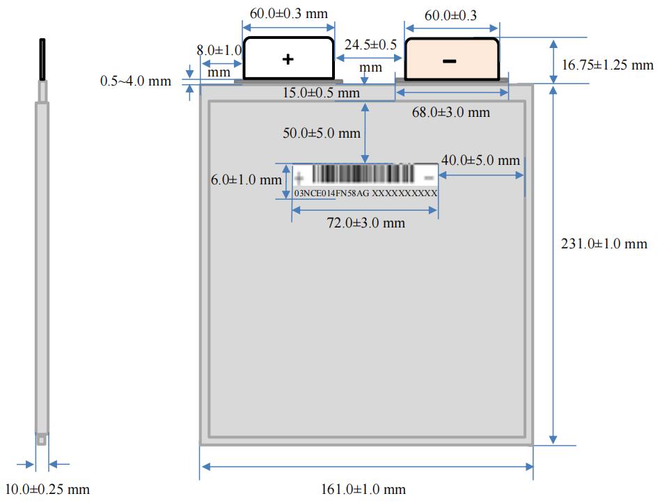 dimension of Fararis 3.7V 58ah nmc pouch cell