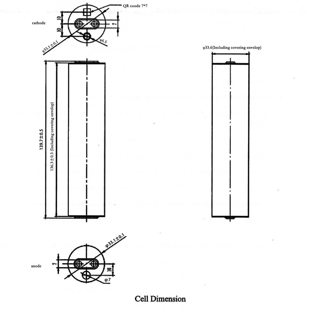 dimension of Gotion LiFePO4 32140 15Ah 3.2V cylindrical cell