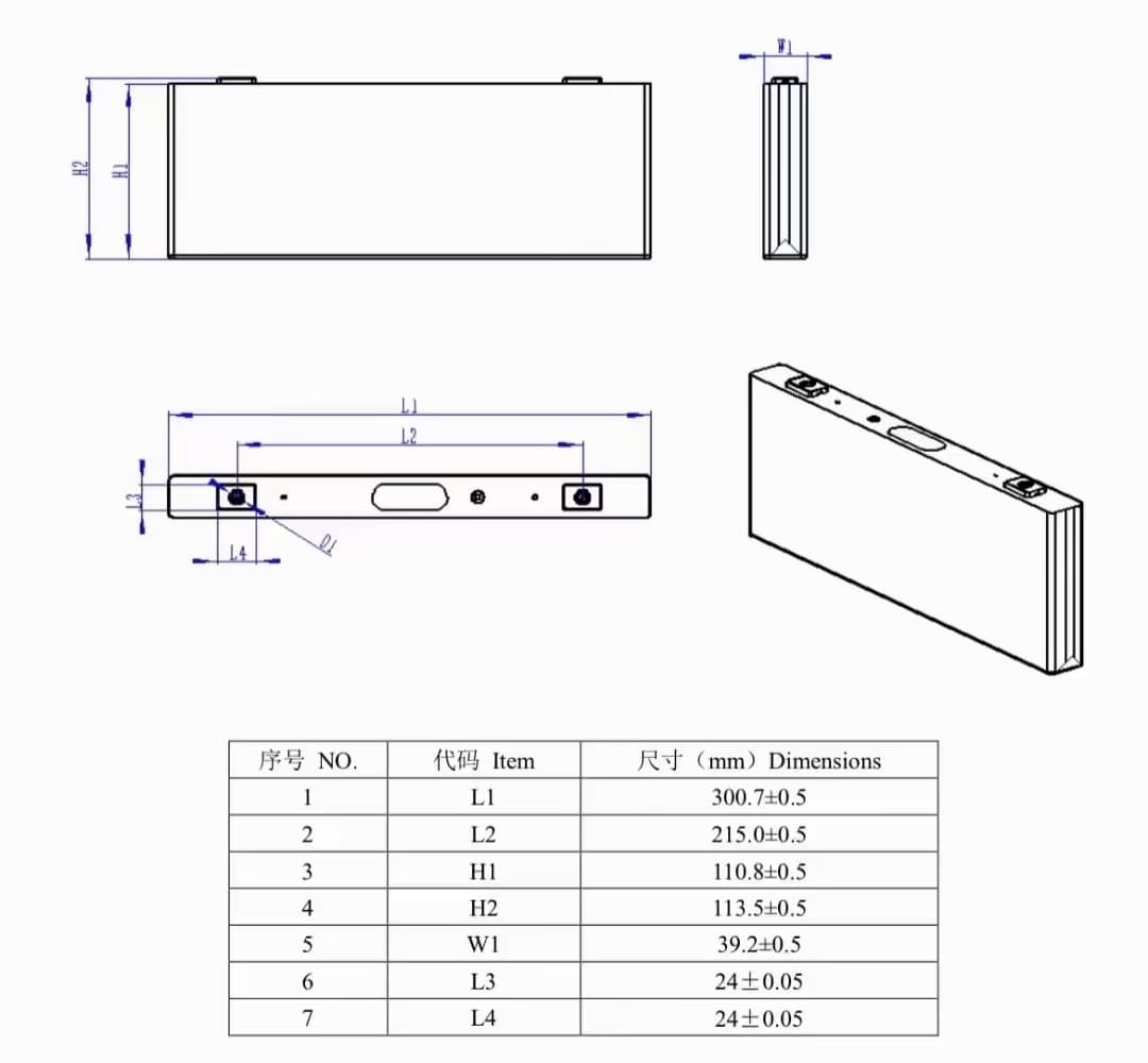 dimension of Cornex 3.2V 166Ah LiFePO4 Cell