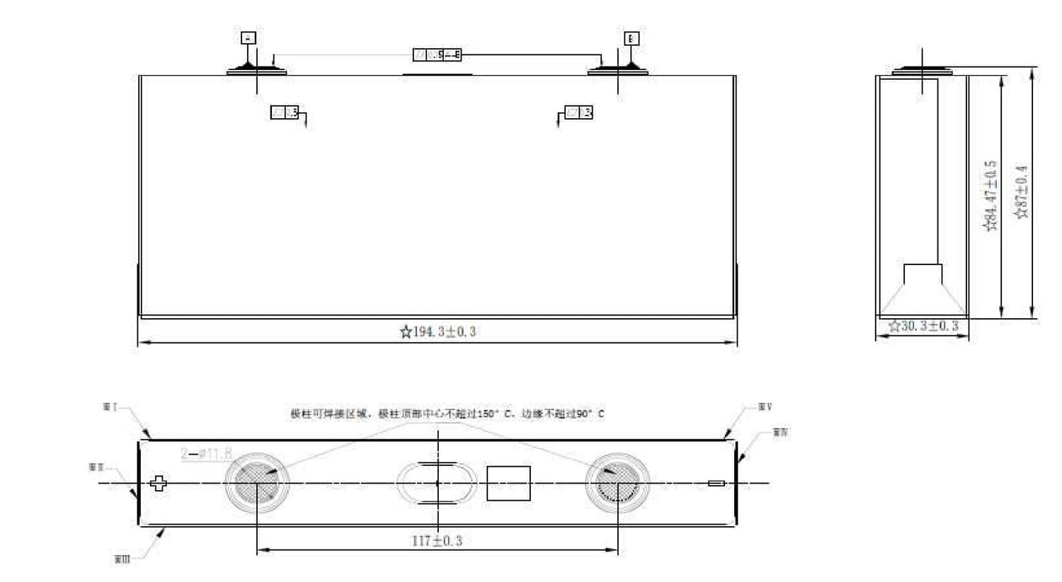 dimension of CALB Battery L194F54 3.2V 54Ah LiFePO4 Cell