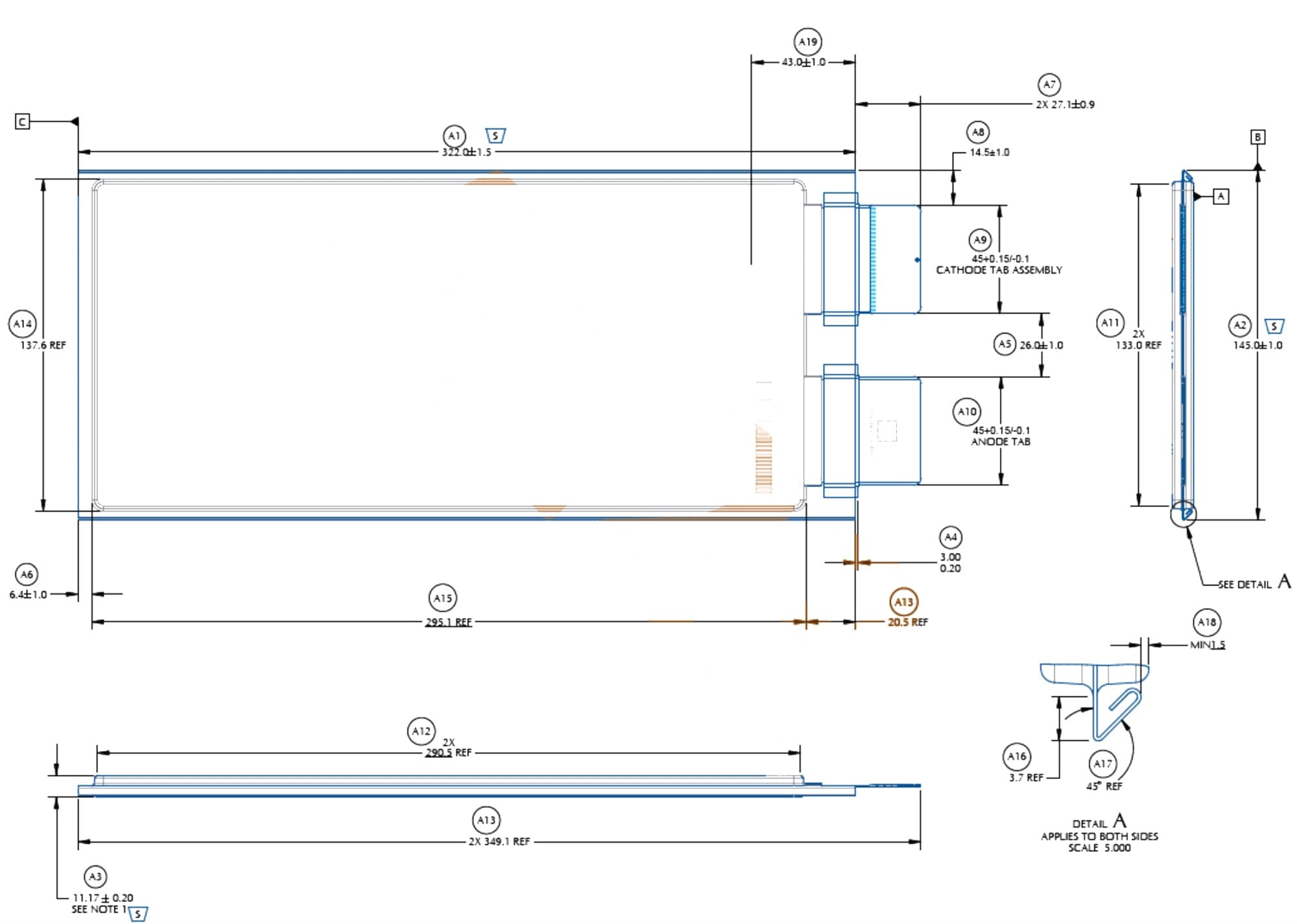 dimension of A123 LiFePO4 3.2V 37Ah Pouch Battery Cell