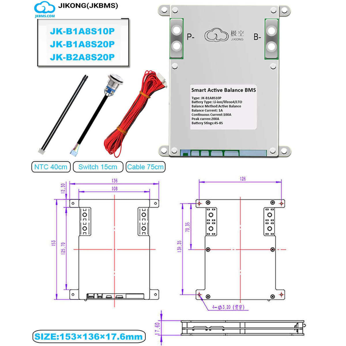 dimension of JK B1A8S10P 100A Smart Active Balance BMS
