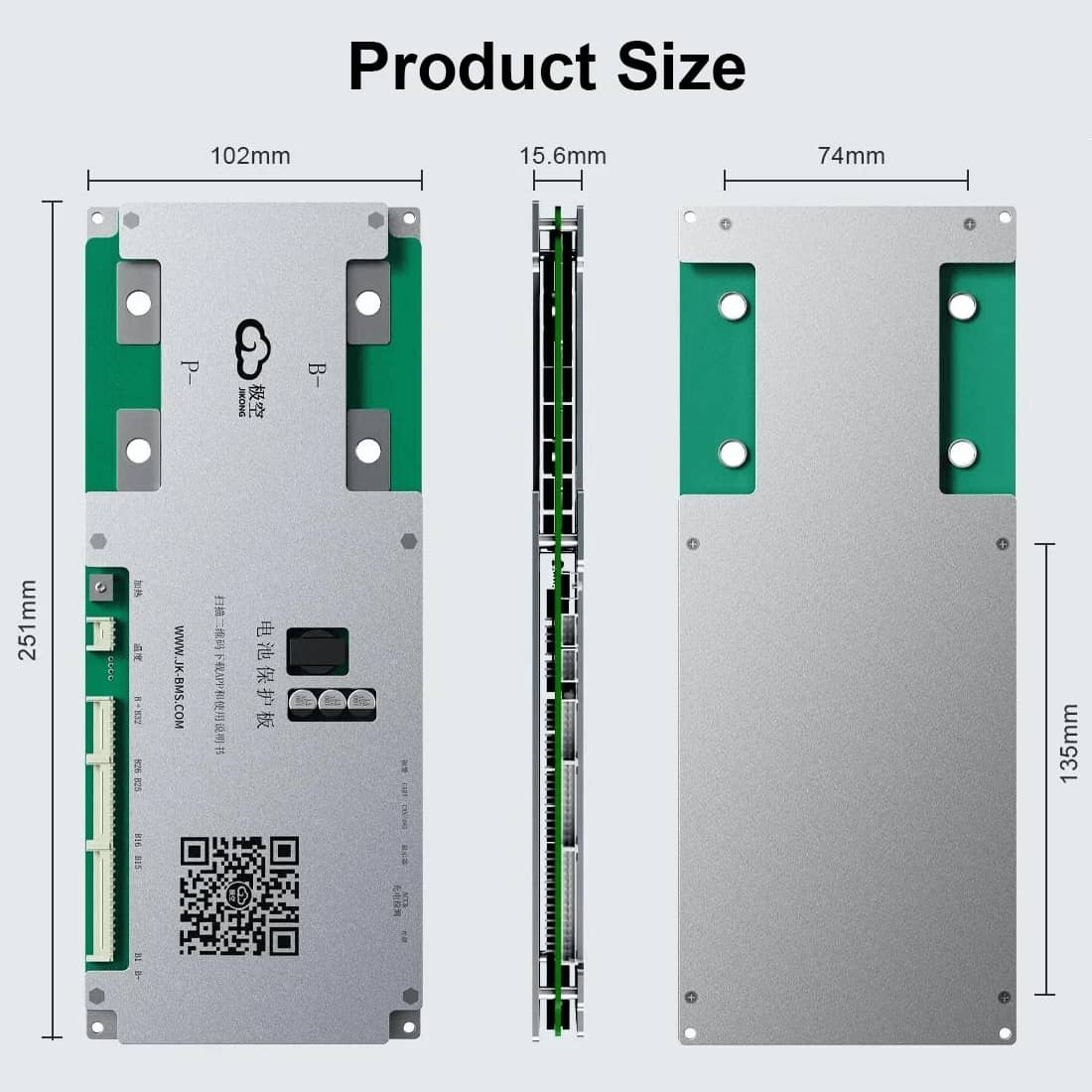 Product Size of JK BMS 8S-32S 100A Continuous Discharge LiFePO4/Li-ion/LTO Smart BMS BD6A32S10P