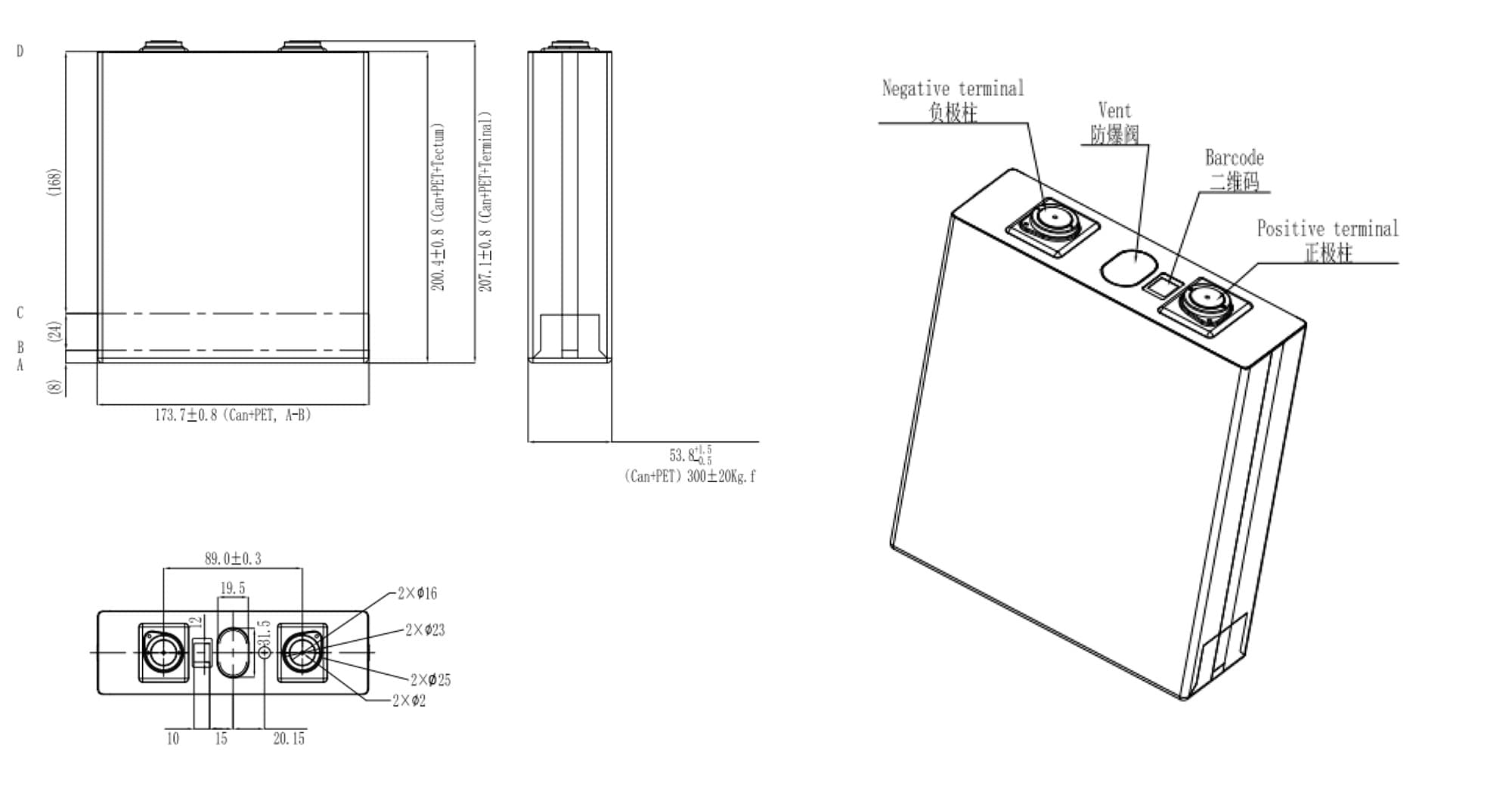 dimension of Ganfeng Lithium Battery 3.2V 206Ah LiFePO4 Cell