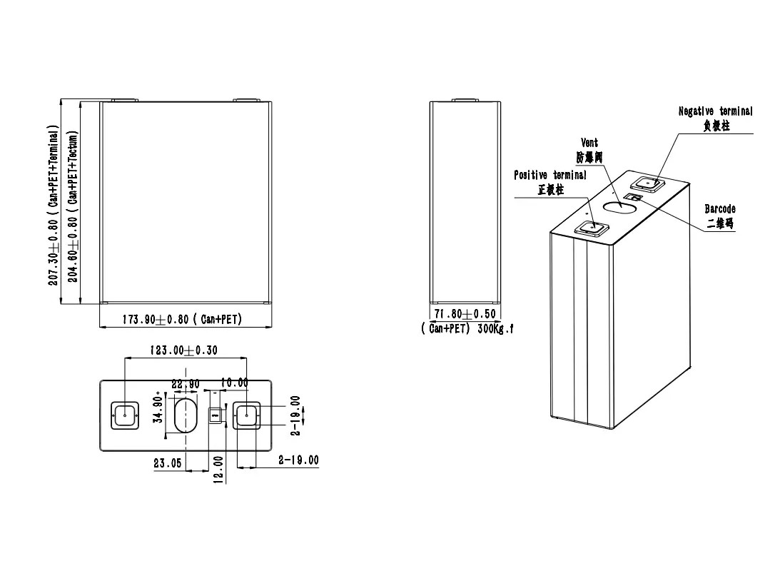 dimension of Ganfeng Lithium Battery LiFePO4 3.2 V 280Ah Cells