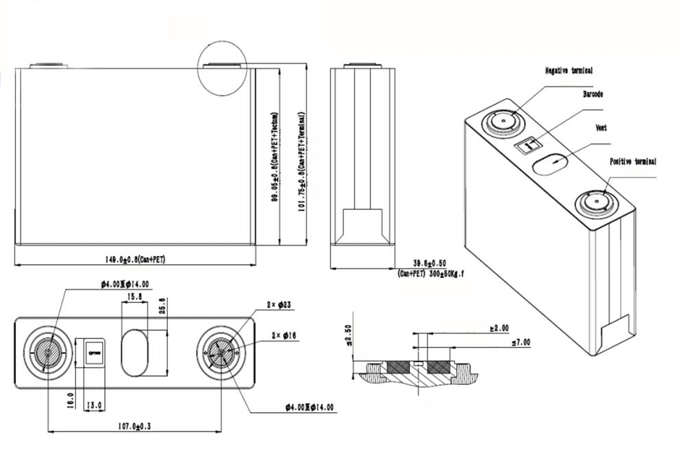 dimension of Ganfeng Lithium Battery 3.2 V 50Ah LiFePO4 Cell