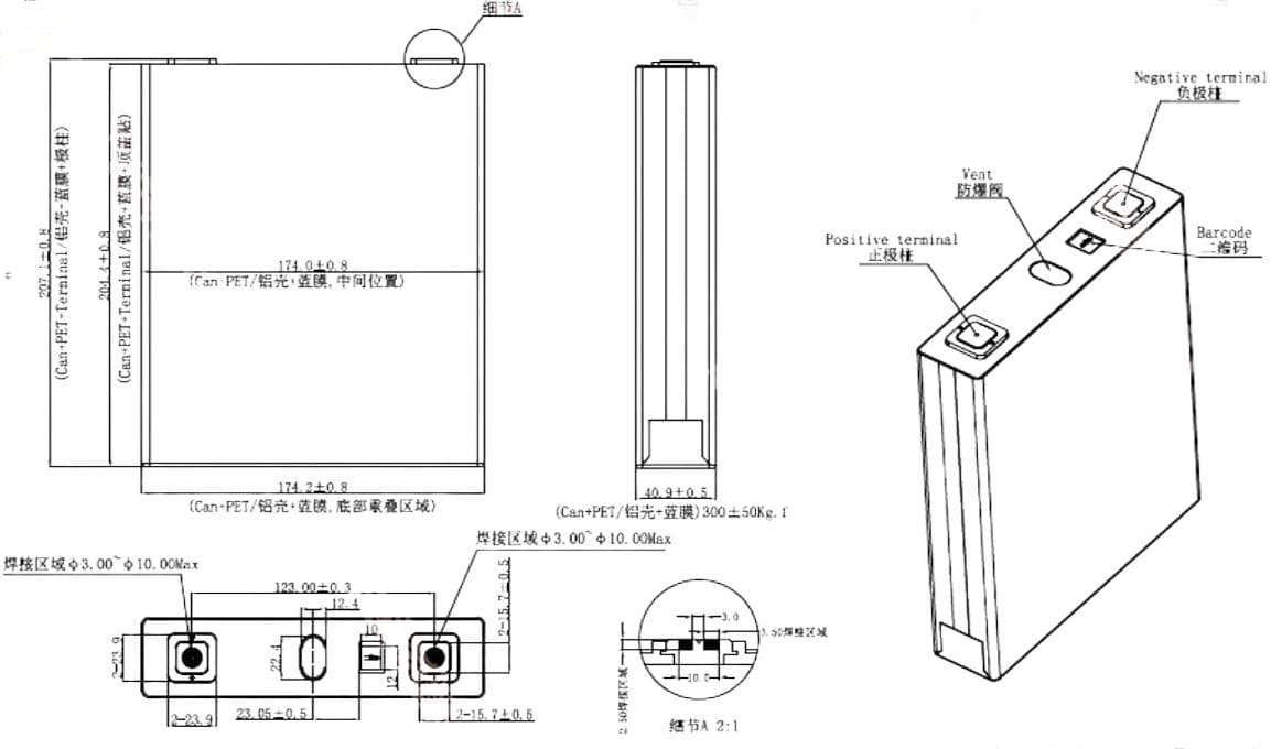 dimension of Ganfeng Lithium Battery 3.2V 173Ah LiFePO4 Cell