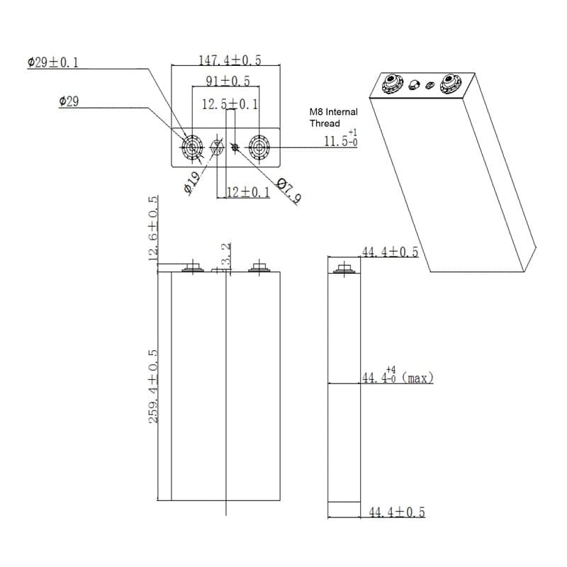 dimension of Lishen LiFePO4 3.2V 130Ah Battery