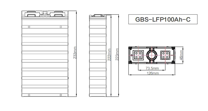 dimension of GBS Battery GBS-LFP100Ah-C 3.2V 100Ah LiFePO4 Cell