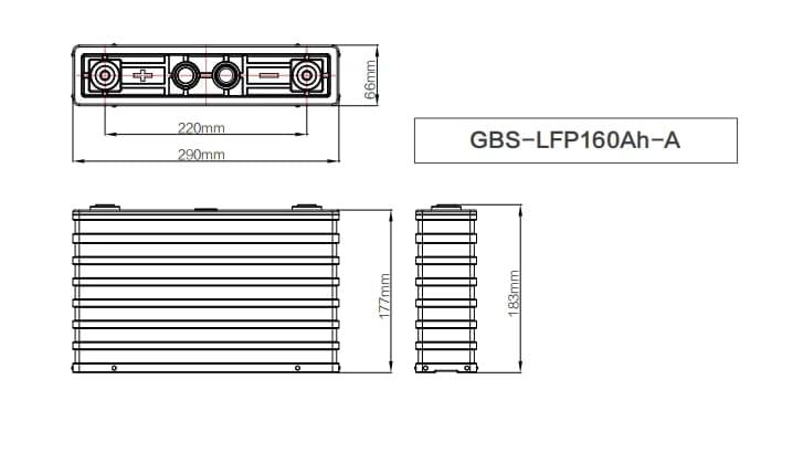 dimension of GBS Battery GBS-LFP160Ah-A 3.2V 160Ah LiFePO4 Cell