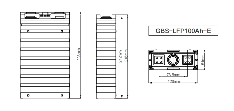 dimension of GBS Battery GBS-LFP100Ah-E 3.2V 100Ah LiFePO4 Cell
